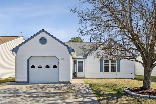 single story home with a front lawn, an attached garage, and driveway