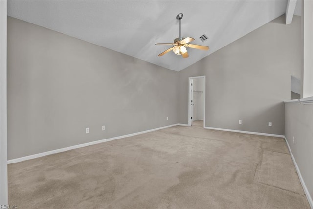 unfurnished room featuring visible vents, high vaulted ceiling, a ceiling fan, carpet flooring, and baseboards