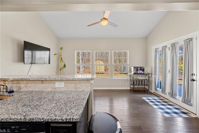 kitchen featuring light stone countertops, baseboards, lofted ceiling, and dark wood-style flooring