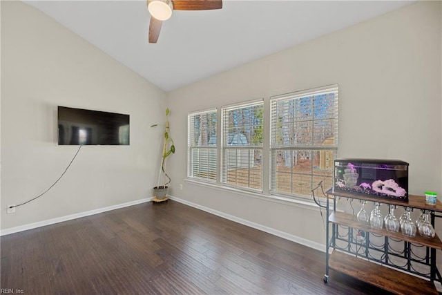 interior space featuring baseboards, lofted ceiling, wood finished floors, and a ceiling fan