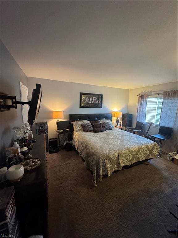 bedroom featuring dark carpet