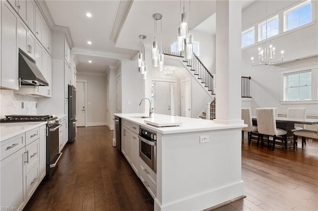 kitchen with under cabinet range hood, a sink, dark wood-style floors, stainless steel appliances, and a chandelier