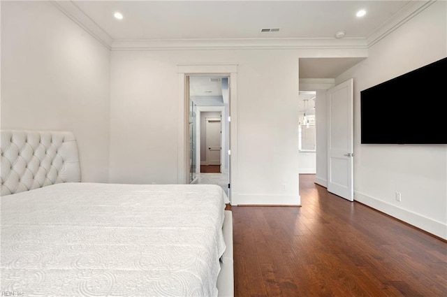 unfurnished bedroom featuring recessed lighting, baseboards, crown molding, and dark wood-type flooring