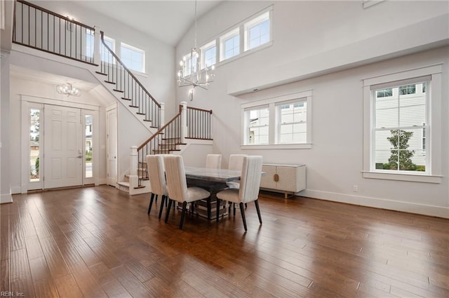 dining space featuring a wealth of natural light, an inviting chandelier, and wood finished floors