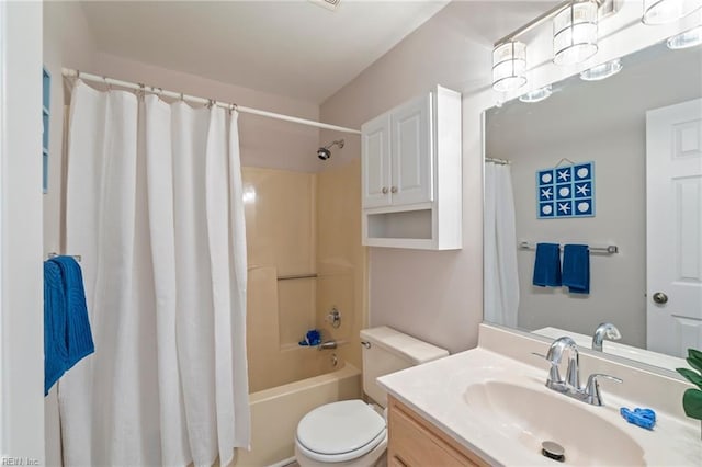 bathroom featuring toilet, vanity, and shower / bathtub combination with curtain