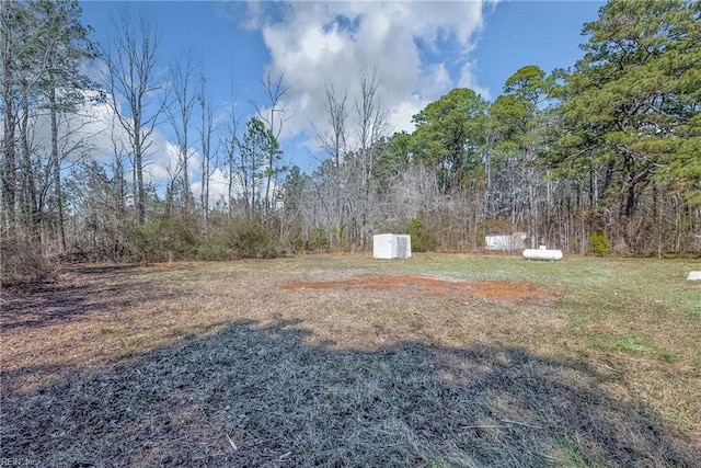 view of yard with a view of trees, an outbuilding, and a storage shed