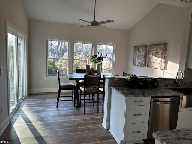 kitchen with a wealth of natural light, white cabinets, dishwasher, and vaulted ceiling