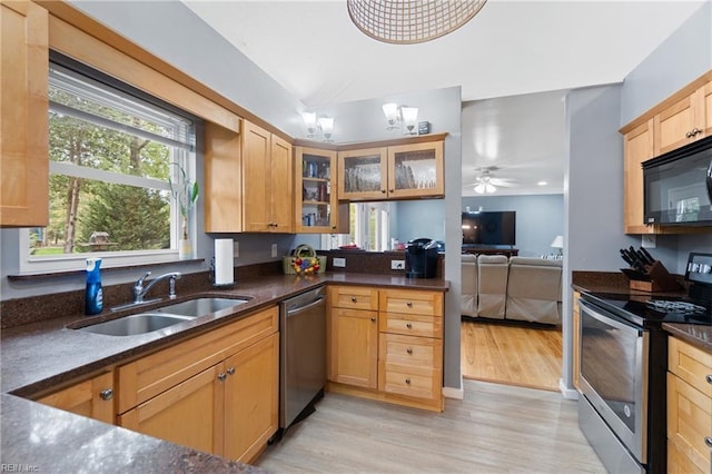 kitchen featuring light wood finished floors, glass insert cabinets, vaulted ceiling, stainless steel appliances, and a sink