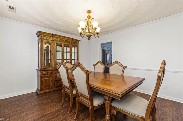 dining space featuring a notable chandelier, baseboards, dark wood-type flooring, and crown molding