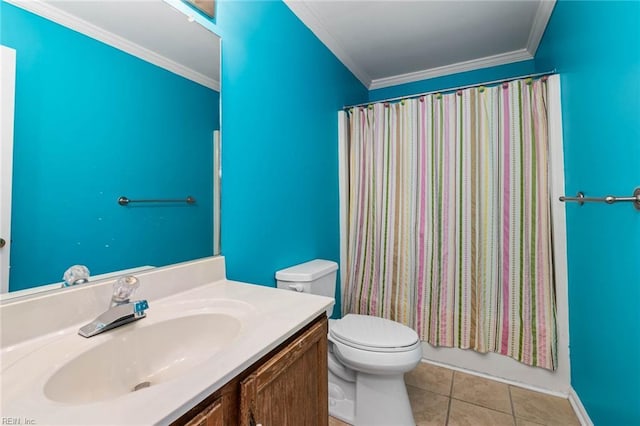 full bath featuring tile patterned floors, vanity, toilet, and crown molding