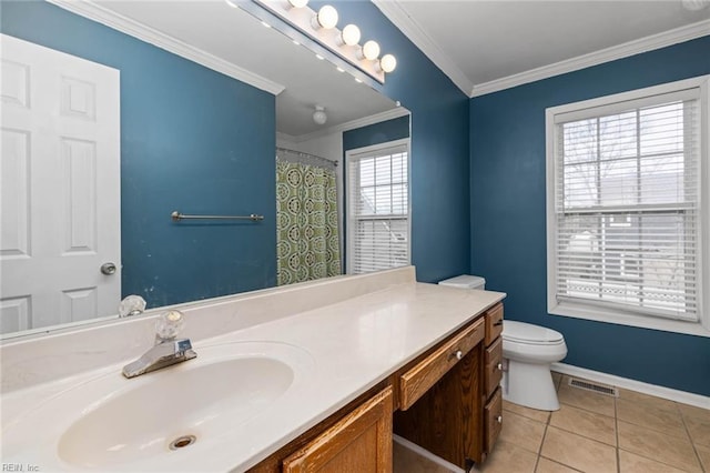 bathroom with tile patterned flooring, visible vents, crown molding, toilet, and vanity