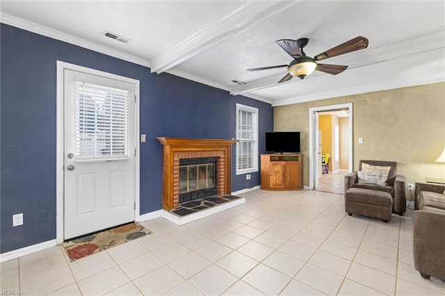 living room featuring visible vents, light tile patterned flooring, a fireplace, crown molding, and beamed ceiling