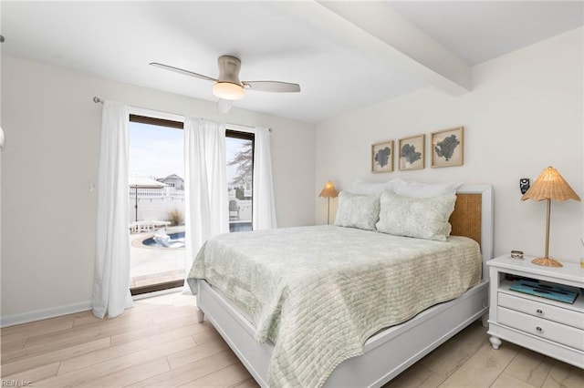 bedroom with light wood-type flooring, beam ceiling, a ceiling fan, access to outside, and baseboards