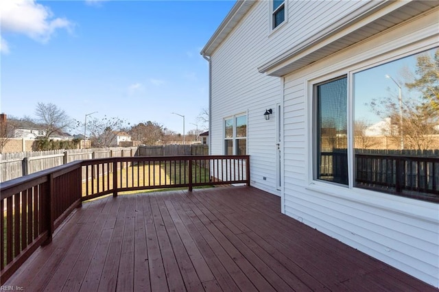 wooden deck with a fenced backyard