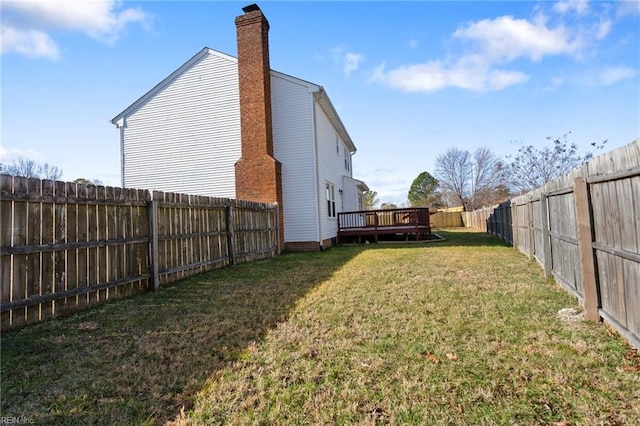 view of yard with a wooden deck and a fenced backyard