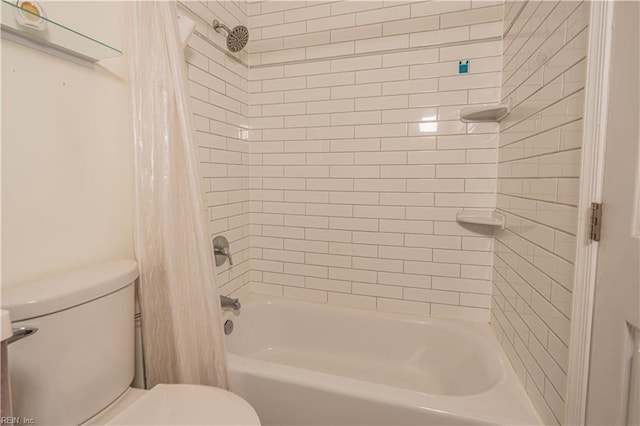 bathroom featuring toilet and shower / bathtub combination with curtain