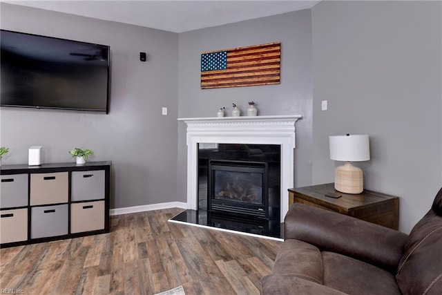 living room featuring a glass covered fireplace, baseboards, and wood finished floors