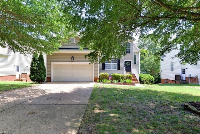 view of property hidden behind natural elements with a garage, a front yard, and driveway