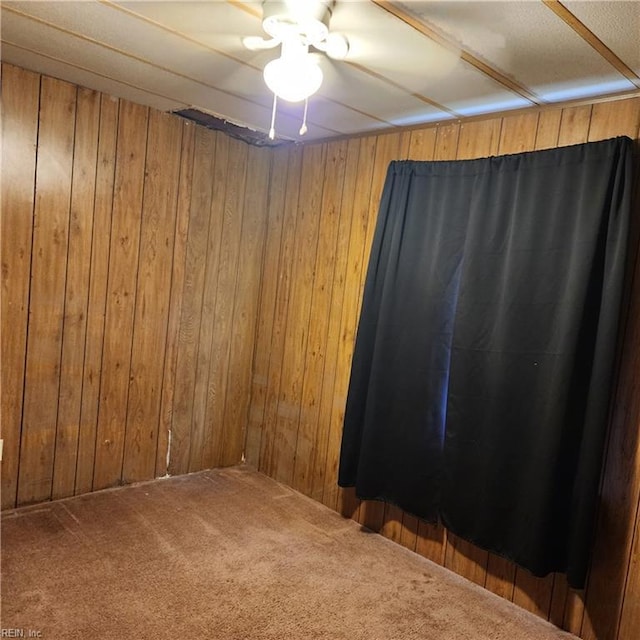 unfurnished room featuring carpet flooring and wood walls