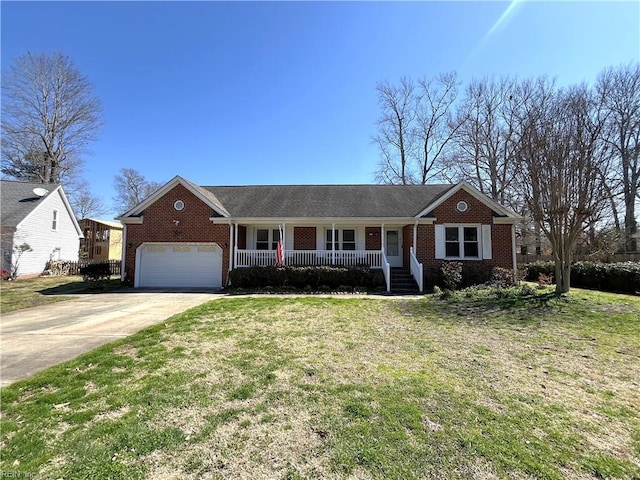 single story home with brick siding, a porch, driveway, and a front lawn