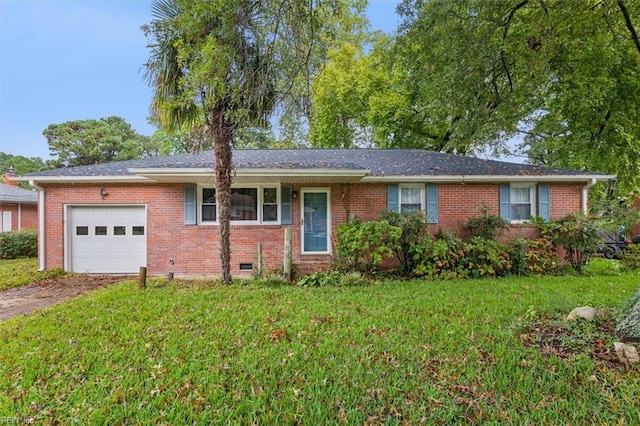 ranch-style home with crawl space, a garage, a front yard, and brick siding