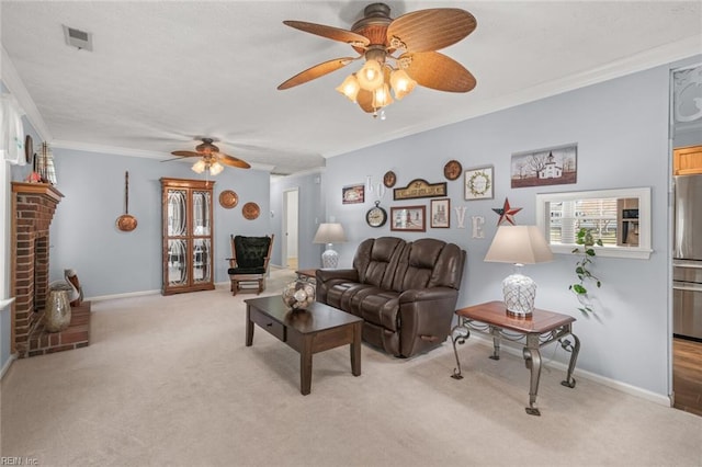 living area with baseboards, light carpet, ornamental molding, and a ceiling fan