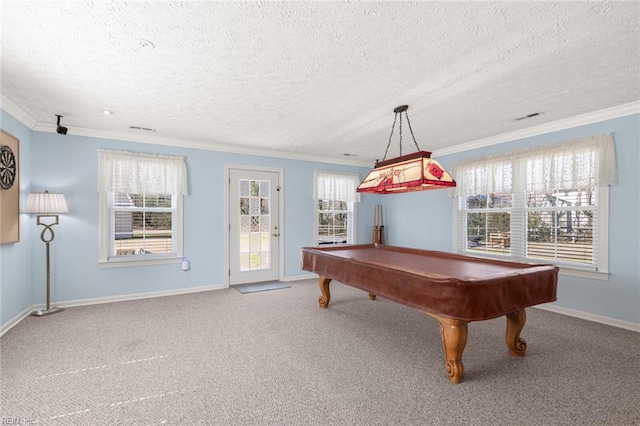 rec room featuring baseboards, visible vents, carpet floors, ornamental molding, and pool table