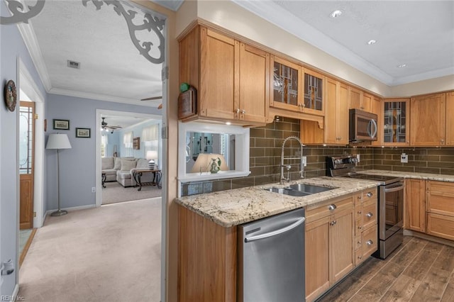 kitchen featuring light stone countertops, ornamental molding, a sink, appliances with stainless steel finishes, and tasteful backsplash