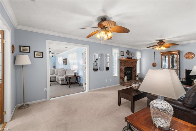 living area featuring baseboards, light colored carpet, a brick fireplace, and crown molding