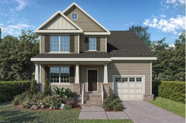 craftsman house with driveway, roof with shingles, a porch, an attached garage, and board and batten siding