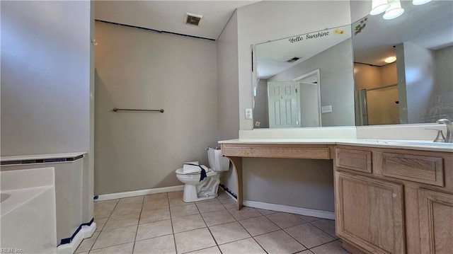 full bath with an enclosed shower, visible vents, toilet, tile patterned flooring, and vanity