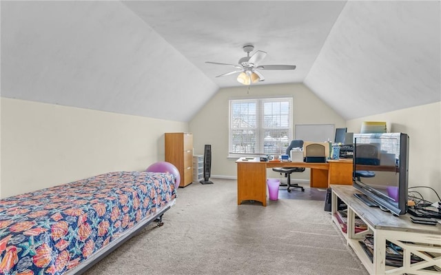 bedroom with vaulted ceiling, carpet, baseboards, and ceiling fan