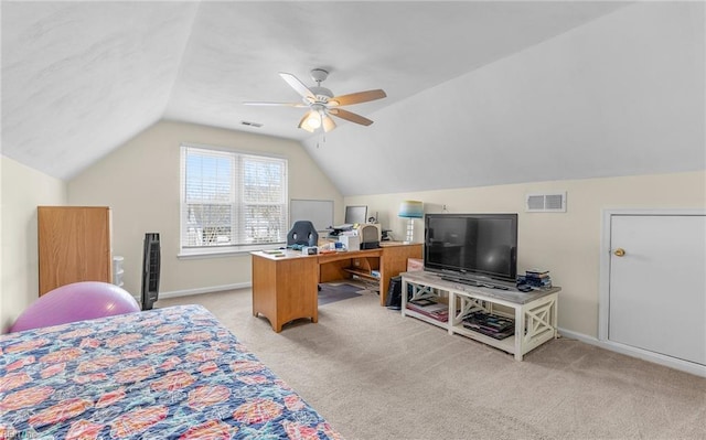 bedroom featuring light carpet, visible vents, a ceiling fan, and vaulted ceiling