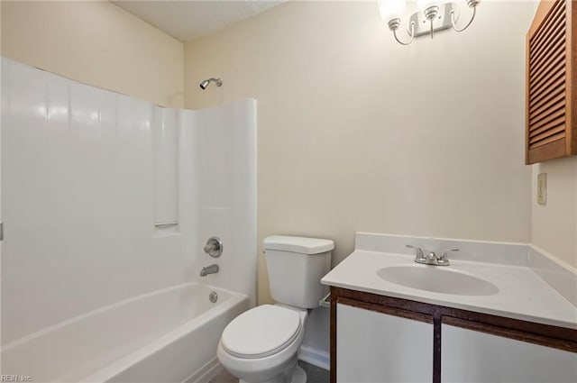 full bath with toilet,  shower combination, and vanity