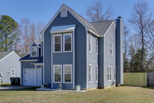 view of front of house featuring a shingled roof, a chimney, a front lawn, and fence