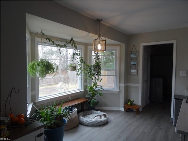 dining area featuring baseboards and wood finished floors