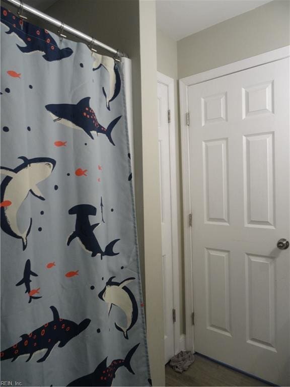 bathroom featuring a shower with shower curtain and wood finished floors