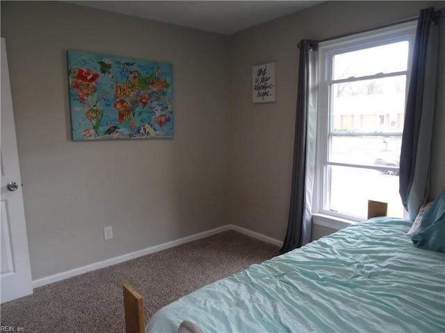 bedroom with multiple windows, baseboards, and carpet