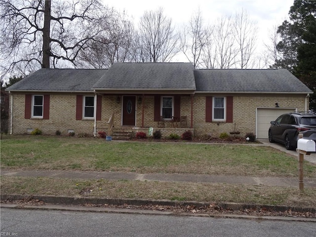 ranch-style house featuring a garage, a front yard, a shingled roof, crawl space, and brick siding