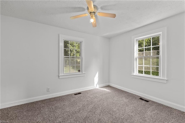 carpeted empty room with baseboards, visible vents, a wealth of natural light, and a textured ceiling