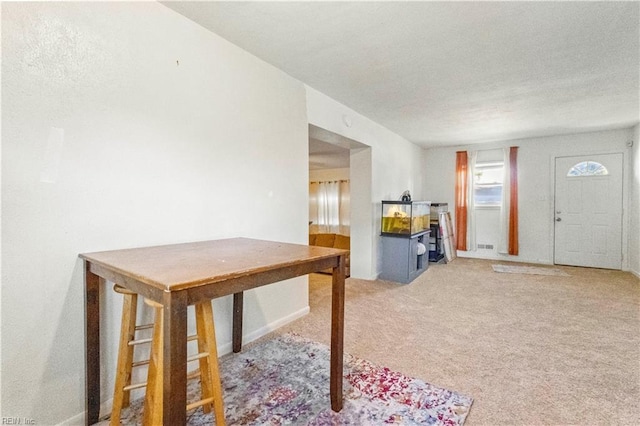 carpeted foyer entrance featuring a textured ceiling