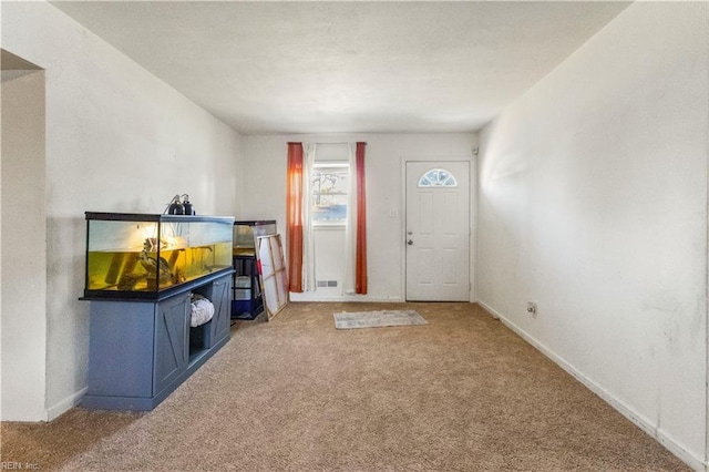 entrance foyer with carpet, visible vents, and baseboards