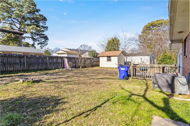 view of yard with an outbuilding, a shed, and a fenced backyard