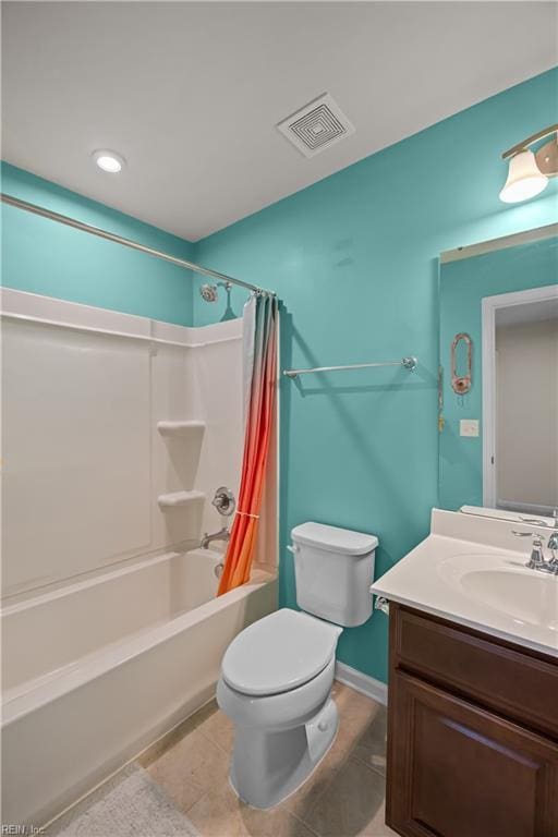 full bathroom featuring vanity, visible vents, shower / bath combo, tile patterned flooring, and toilet