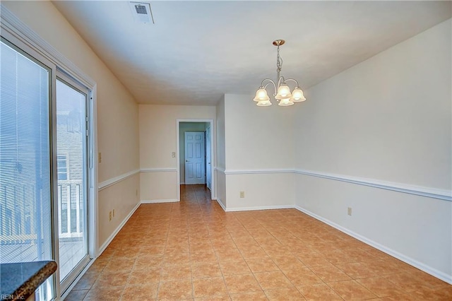 unfurnished room featuring visible vents, baseboards, a notable chandelier, and light tile patterned flooring