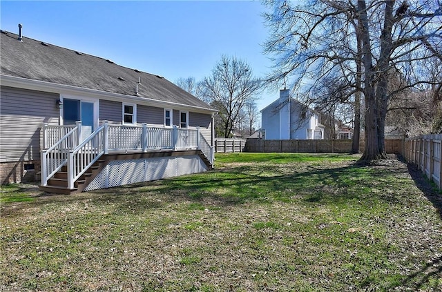 view of yard with a deck and a fenced backyard