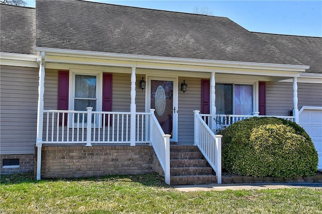 view of front of property with crawl space, a porch, and a shingled roof