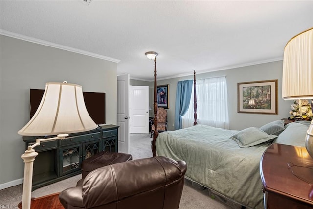 bedroom featuring baseboards, carpet, and ornamental molding