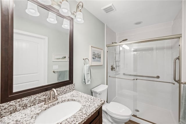 bathroom featuring vanity, a shower stall, toilet, and visible vents