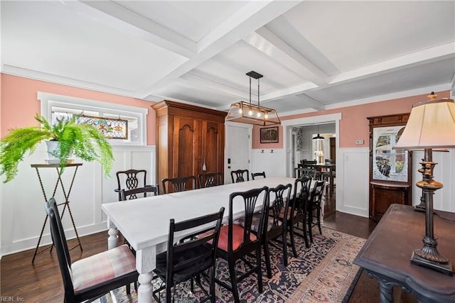 dining room with dark wood finished floors, beamed ceiling, and coffered ceiling